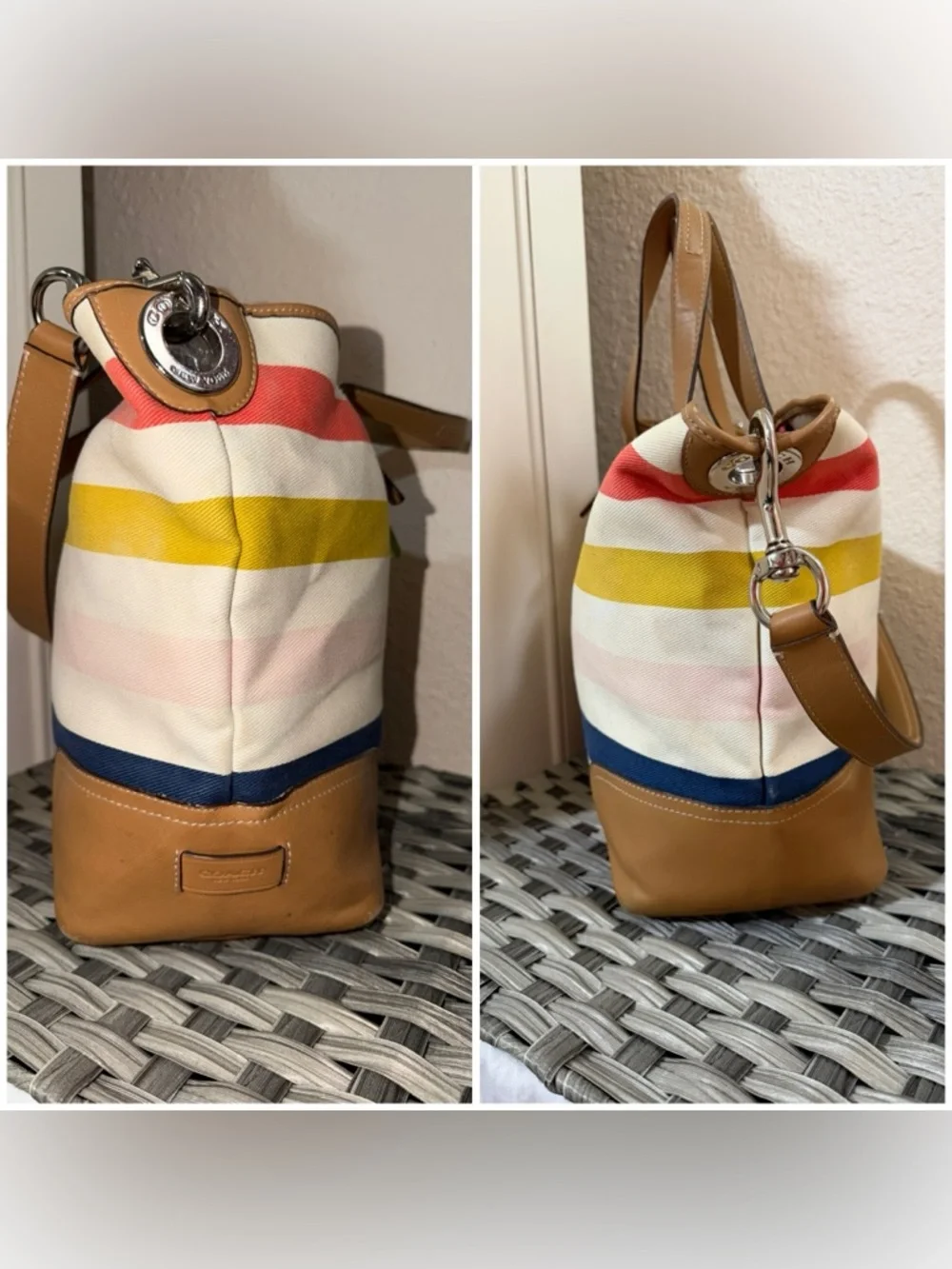 Coach Striped Canvas Tote in Coral, Mustard, Navy & Pink with Tan Leather F30041 - Picture 3 of 16